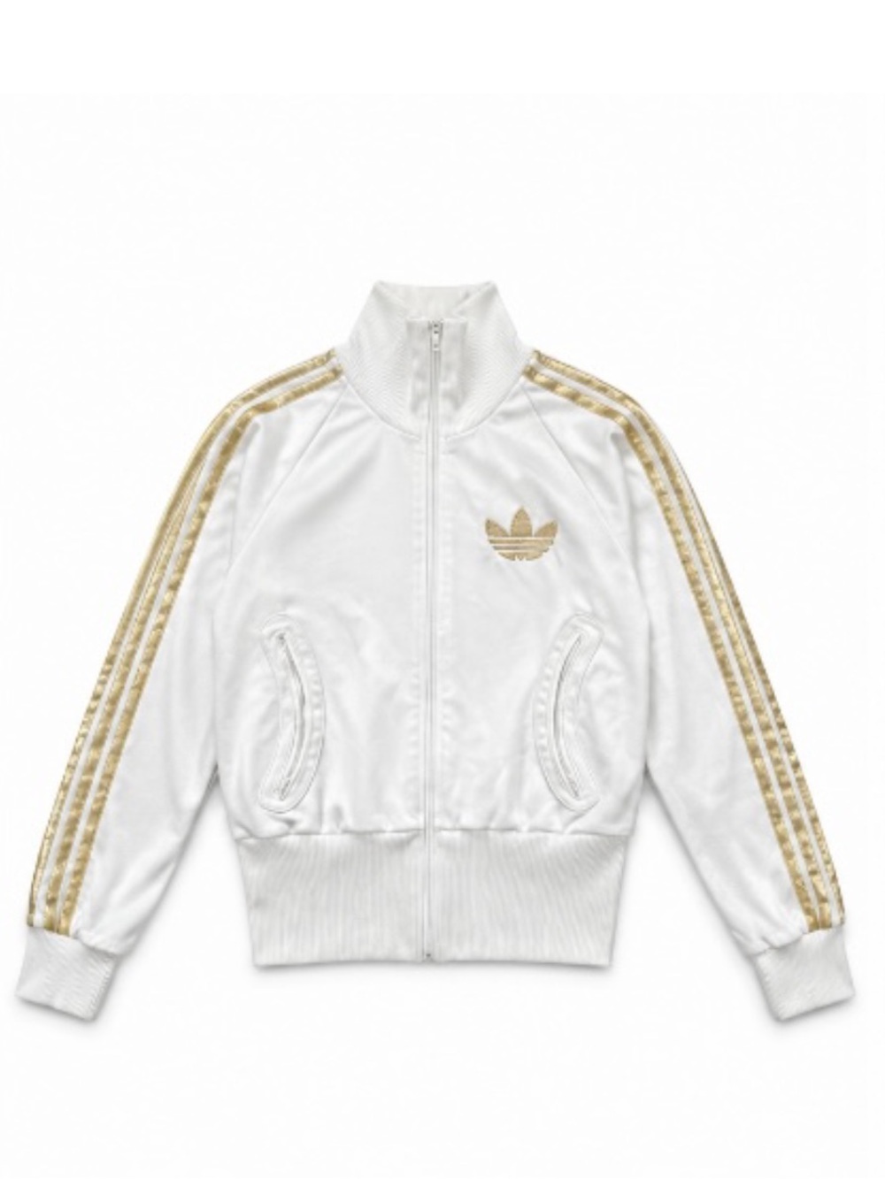 adidas White Track Bomber Jacket with Gold Stripes sparkle